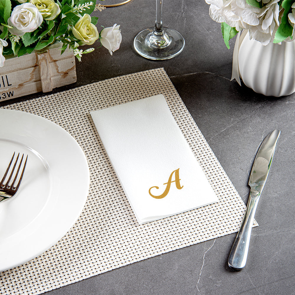 Luxenap Rectangle Gold Letter A White Paper Linen-Feel Guest Towel / Napkin - Air Laid, Cursive Font - 15 3/4" x 8" - 50 count box