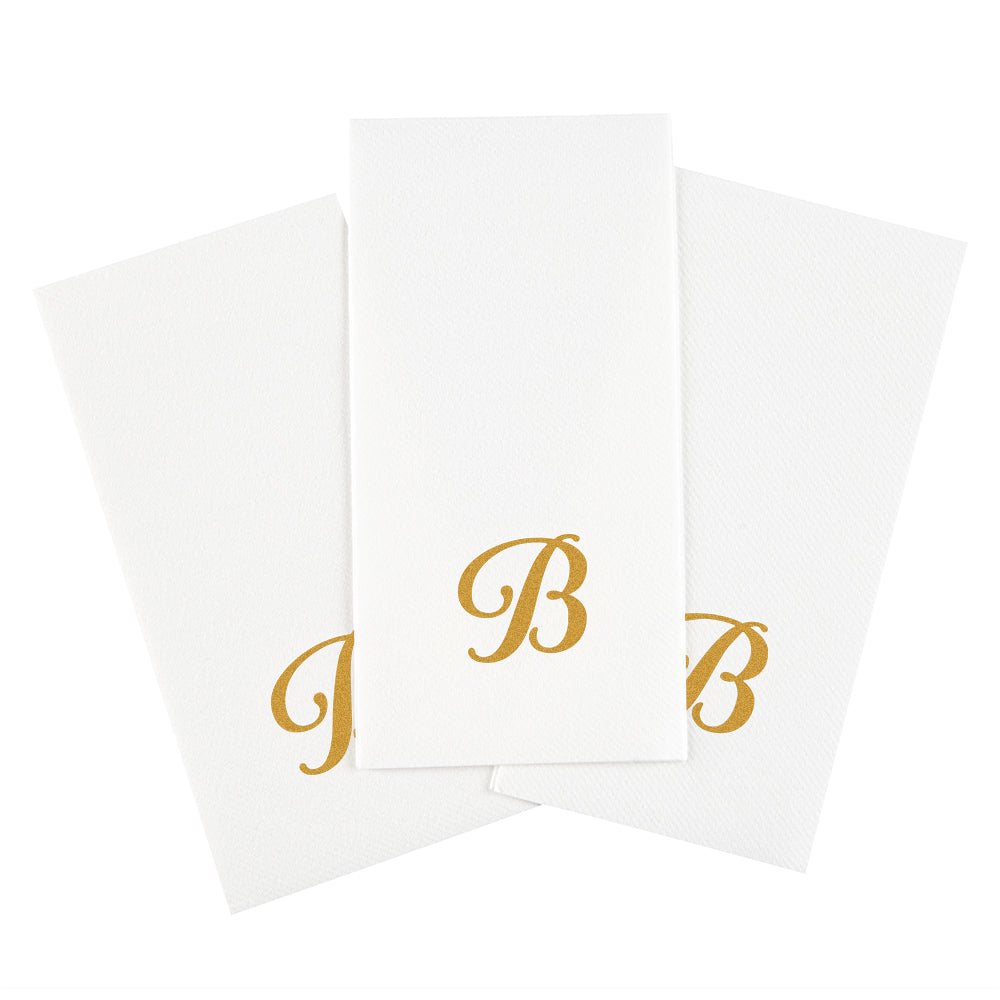 Luxenap Rectangle Gold Letter B White Paper Linen-Feel Guest Towel / Napkin - Air Laid, Cursive Font - 15 3/4" x 8" - 50 count box