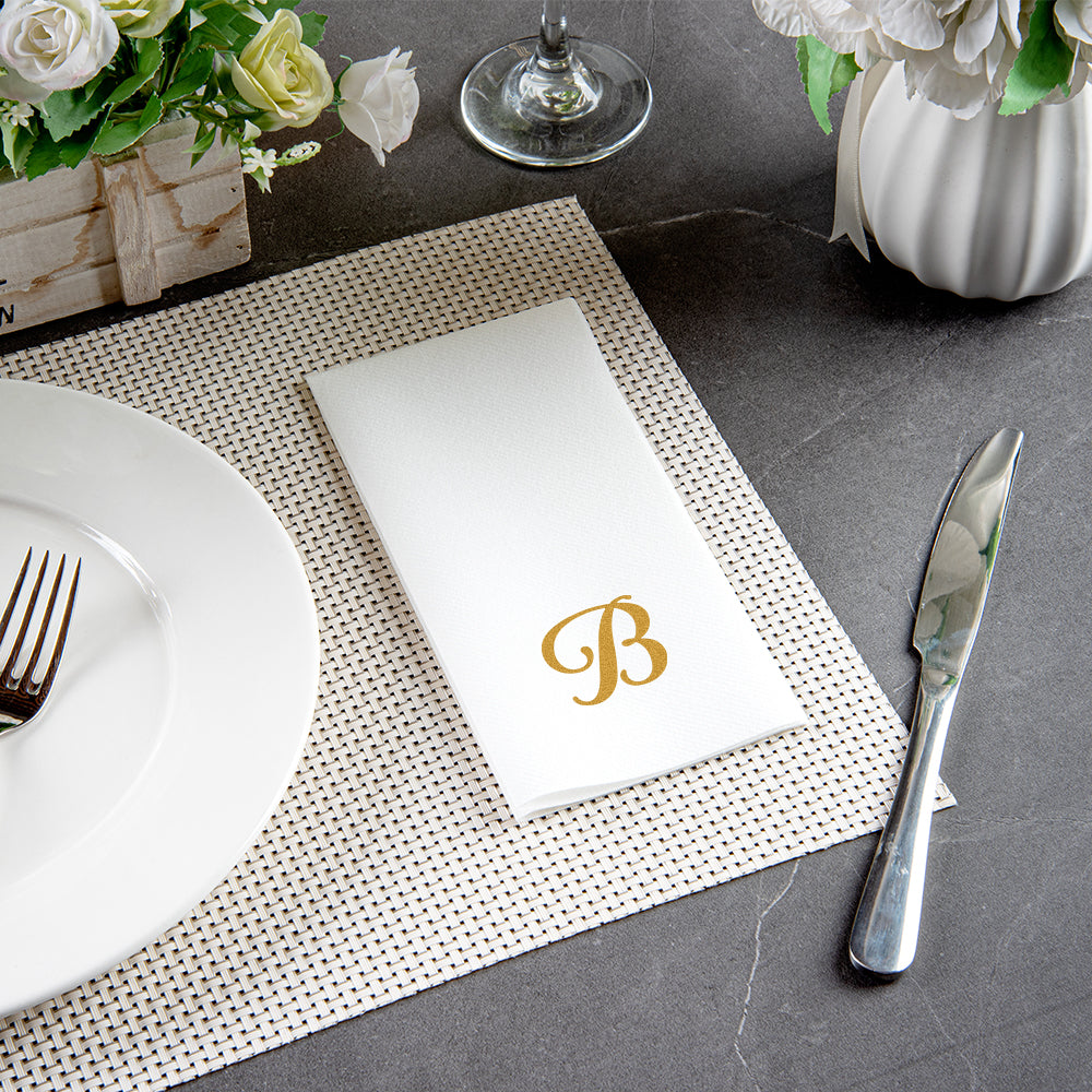 Luxenap Rectangle Gold Letter B White Paper Linen-Feel Guest Towel / Napkin - Air Laid, Cursive Font - 15 3/4" x 8" - 50 count box