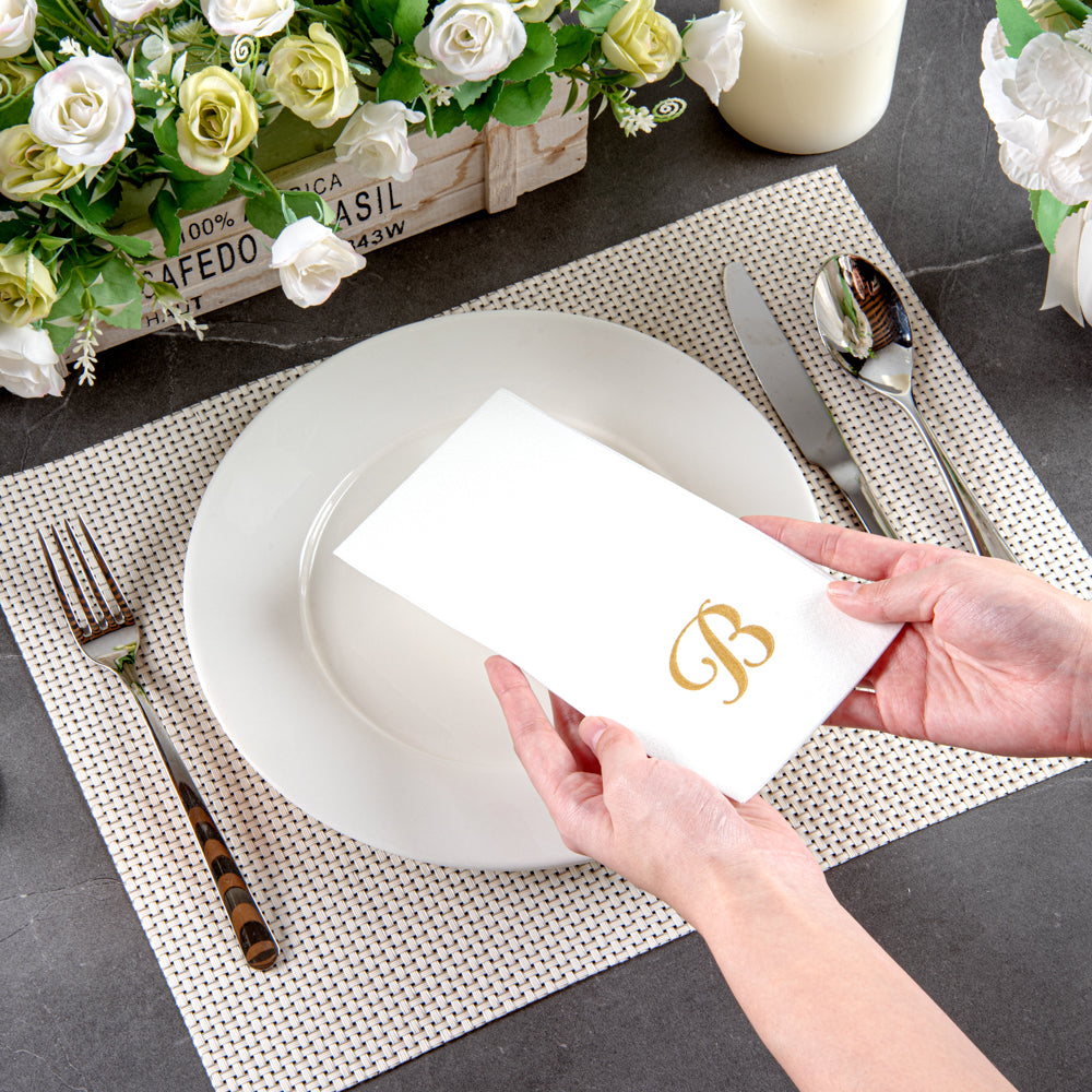 Luxenap Rectangle Gold Letter B White Paper Linen-Feel Guest Towel / Napkin - Air Laid, Cursive Font - 15 3/4" x 8" - 2000 count box