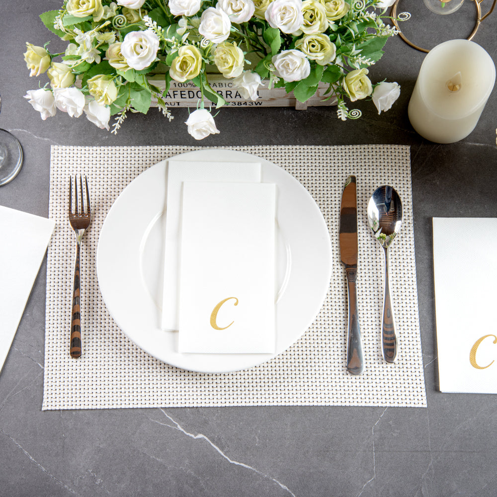 Luxenap Rectangle Gold Letter C White Paper Linen-Feel Guest Towel / Napkin - Air Laid, Cursive Font - 15 3/4" x 8" - 2000 count box