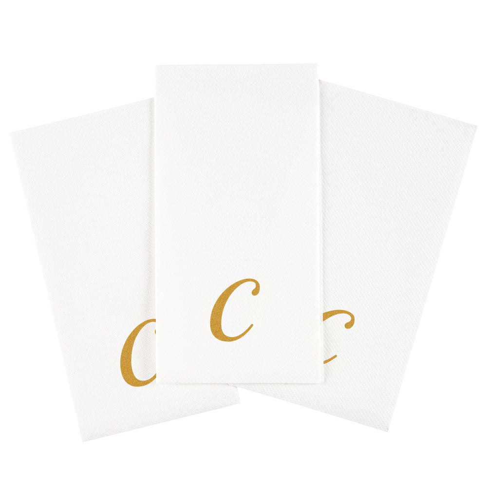 Luxenap Rectangle Gold Letter C White Paper Linen-Feel Guest Towel / Napkin - Air Laid, Cursive Font - 15 3/4" x 8" - 2000 count box