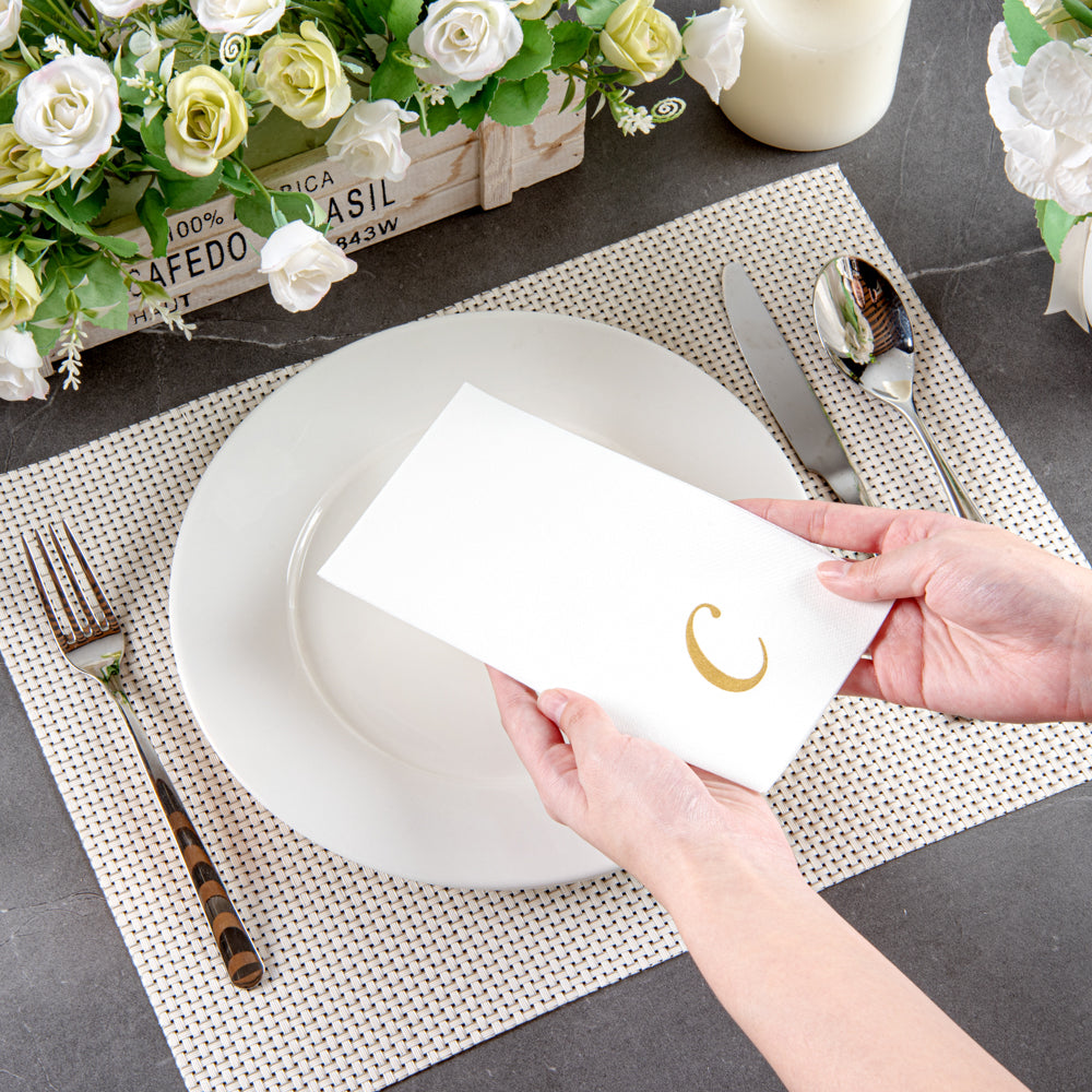 Luxenap Rectangle Gold Letter C White Paper Linen-Feel Guest Towel / Napkin - Air Laid, Cursive Font - 15 3/4" x 8" - 2000 count box