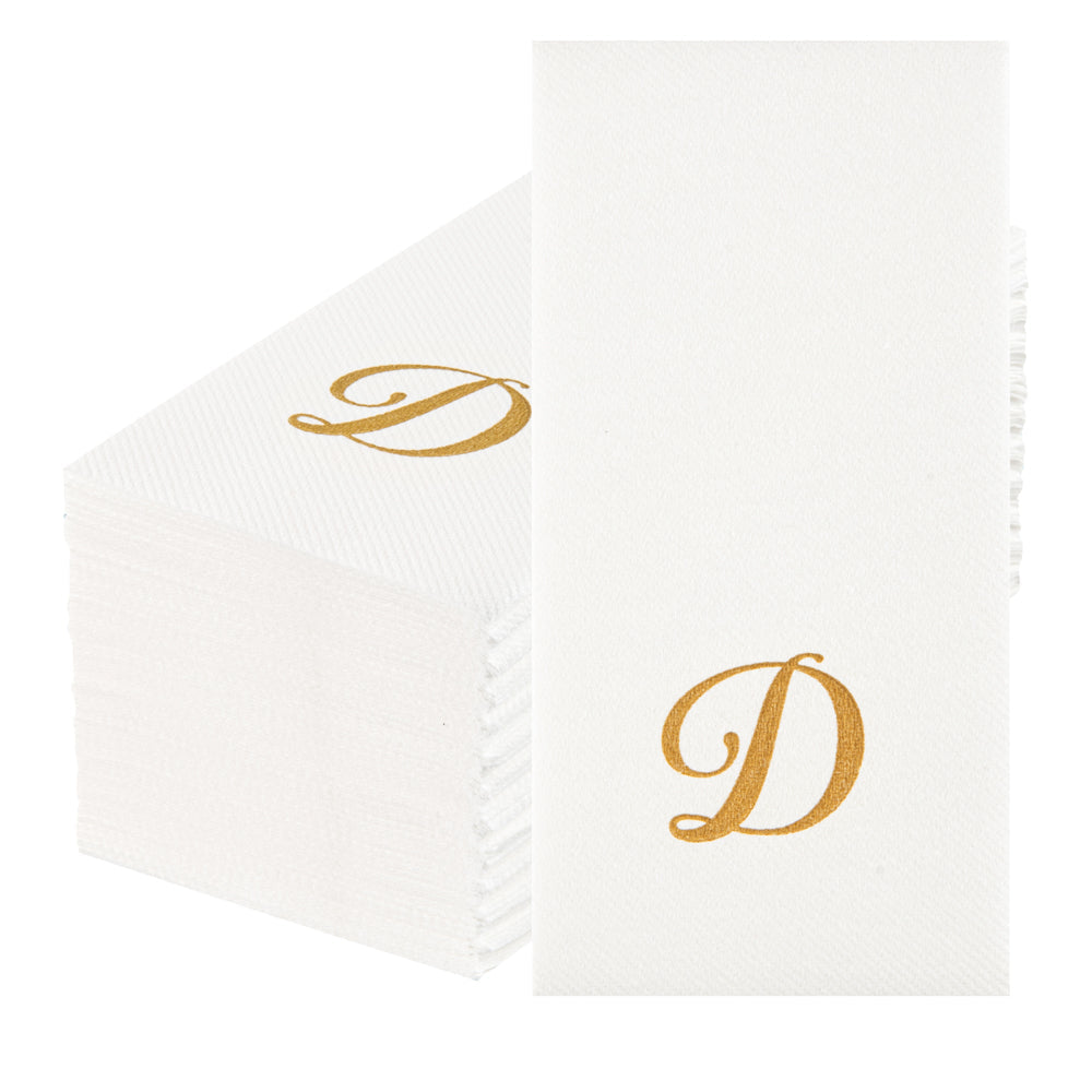 Luxenap Rectangle Gold Letter D White Paper Linen-Feel Guest Towel / Napkin - Air Laid, Cursive Font - 15 3/4" x 8" - 2000 count box