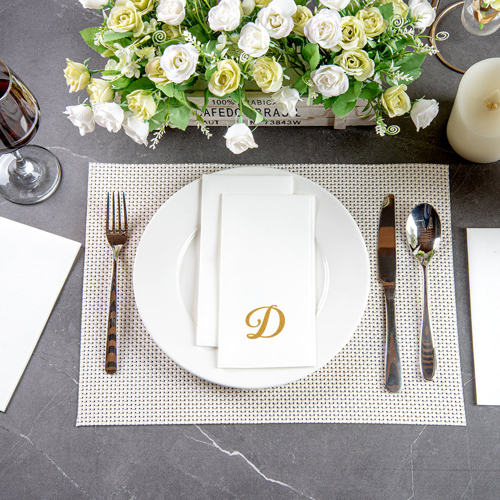 Luxenap Rectangle Gold Letter D White Paper Linen-Feel Guest Towel / Napkin - Air Laid, Cursive Font - 15 3/4" x 8" - 50 count box