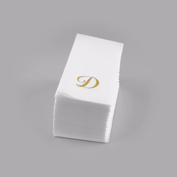 Luxenap Rectangle Gold Letter D White Paper Linen-Feel Guest Towel / Napkin - Air Laid, Cursive Font - 15 3/4" x 8" - 2000 count box