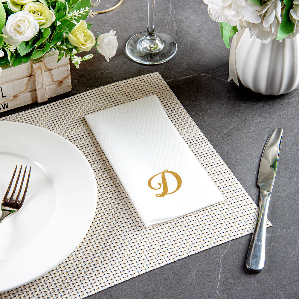 Luxenap Rectangle Gold Letter D White Paper Linen-Feel Guest Towel / Napkin - Air Laid, Cursive Font - 15 3/4" x 8" - 2000 count box