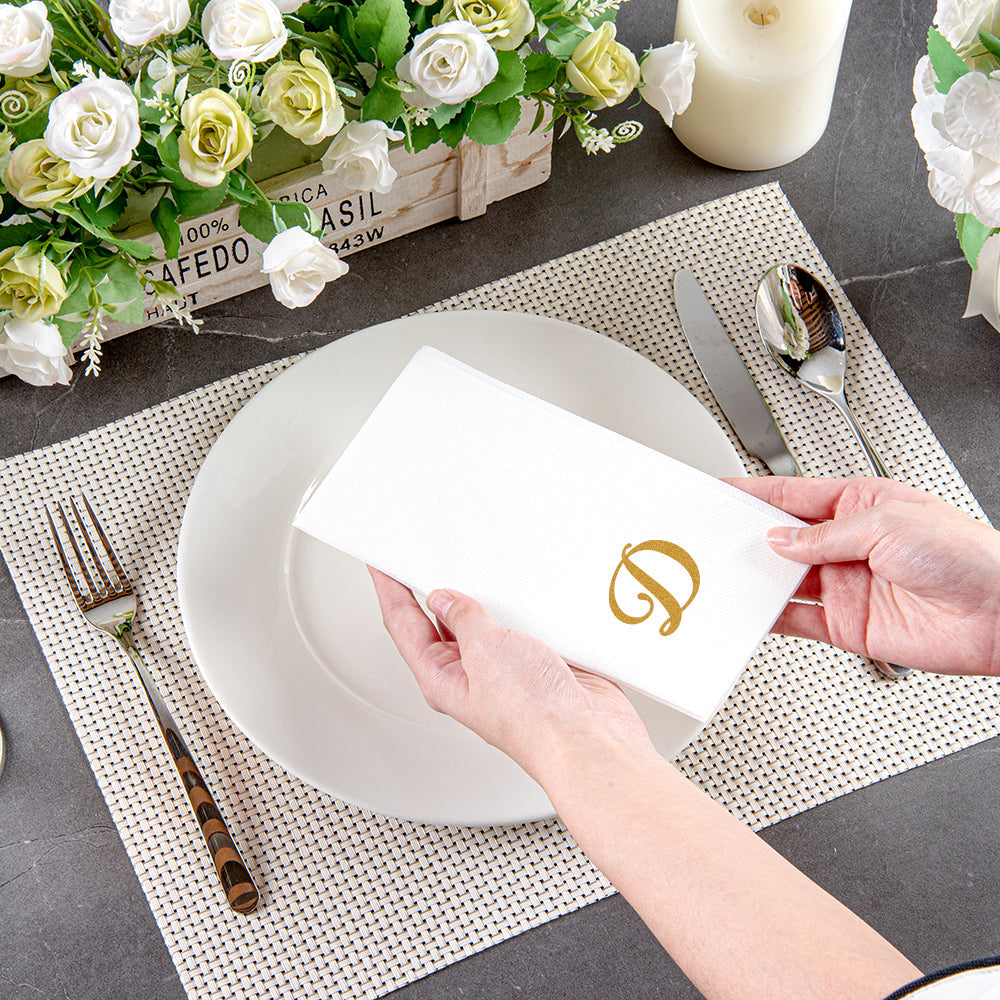 Luxenap Rectangle Gold Letter D White Paper Linen-Feel Guest Towel / Napkin - Air Laid, Cursive Font - 15 3/4" x 8" - 2000 count box