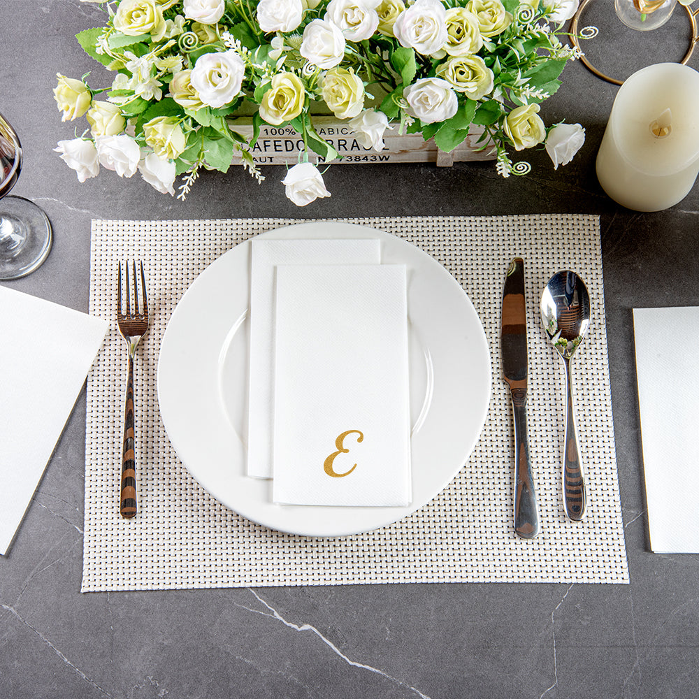 Luxenap Rectangle Gold Letter E White Paper Linen-Feel Guest Towel / Napkin - Air Laid, Cursive Font - 15 3/4" x 8" - 50 count box