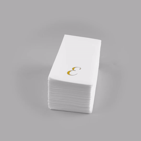 Luxenap Rectangle Gold Letter E White Paper Linen-Feel Guest Towel / Napkin - Air Laid, Cursive Font - 15 3/4" x 8" - 50 count box