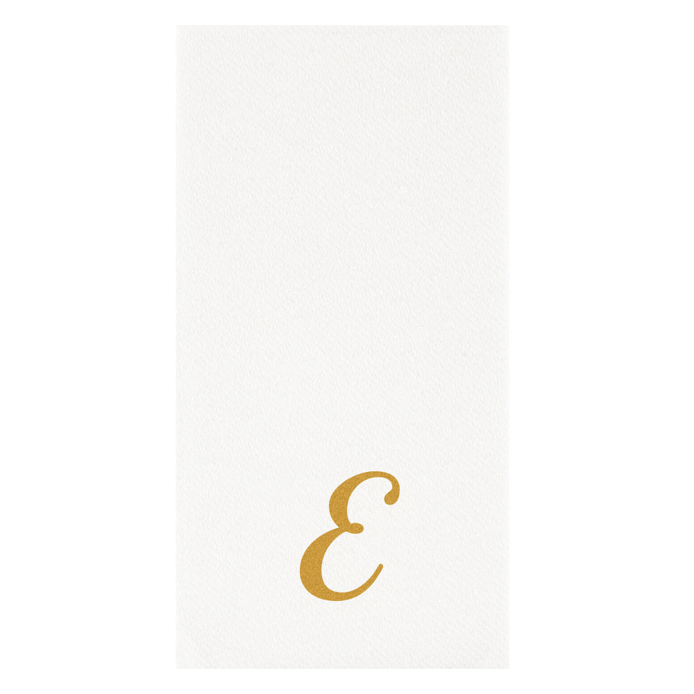 Luxenap Rectangle Gold Letter E White Paper Linen-Feel Guest Towel / Napkin - Air Laid, Cursive Font - 15 3/4" x 8" - 50 count box