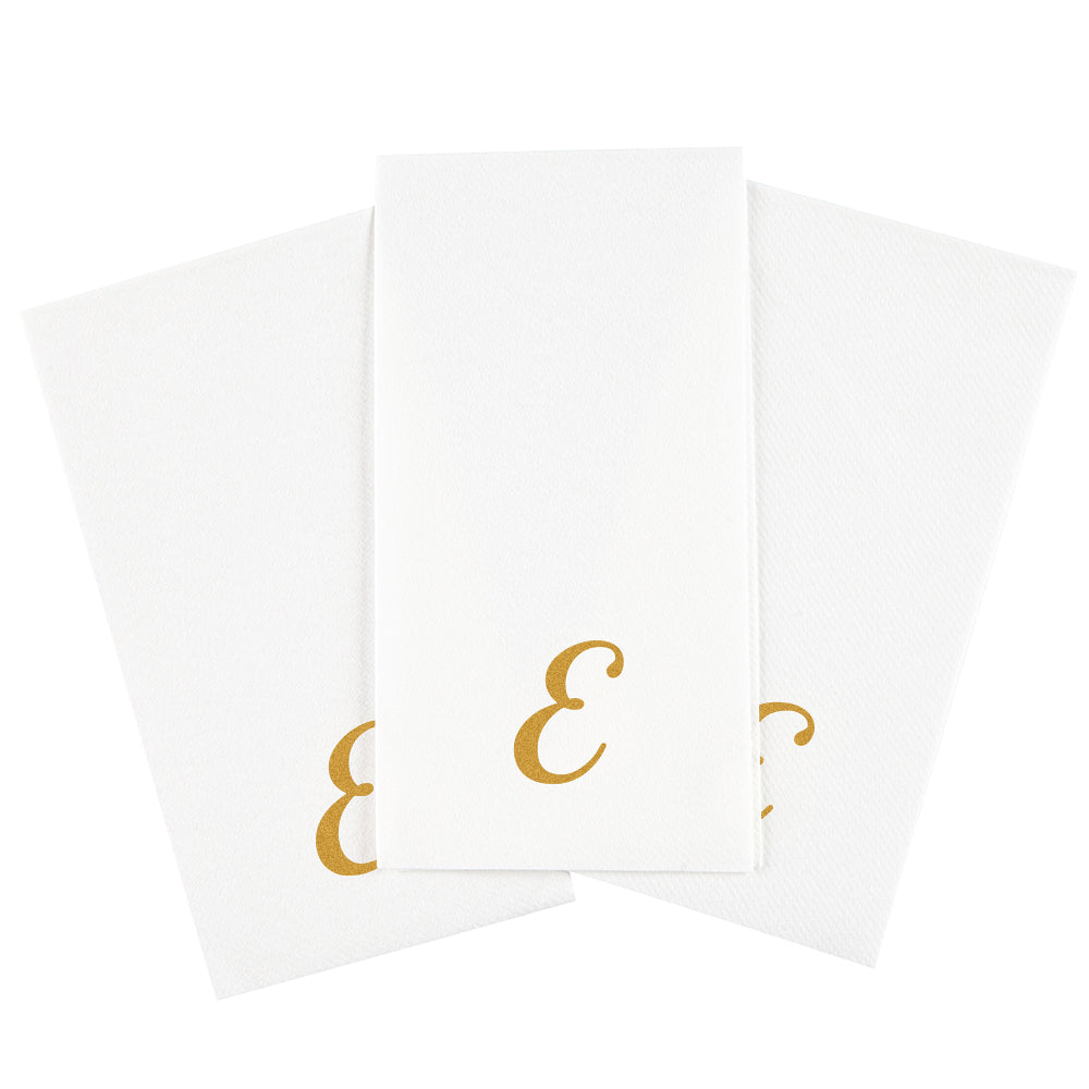Luxenap Rectangle Gold Letter E White Paper Linen-Feel Guest Towel / Napkin - Air Laid, Cursive Font - 15 3/4" x 8" - 50 count box