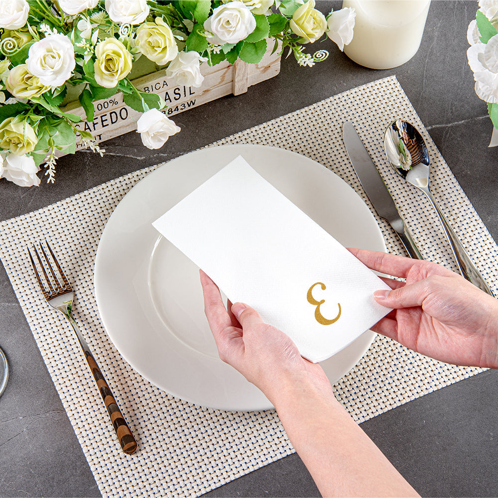 Luxenap Rectangle Gold Letter E White Paper Linen-Feel Guest Towel / Napkin - Air Laid, Cursive Font - 15 3/4" x 8" - 2000 count box