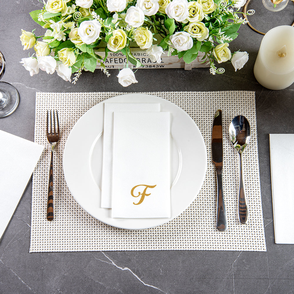 Luxenap Rectangle Gold Letter F White Paper Linen-Feel Guest Towel / Napkin - Air Laid, Cursive Font - 15 3/4" x 8" - 50 count box