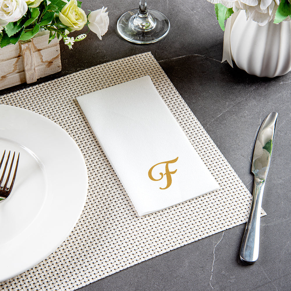 Luxenap Rectangle Gold Letter F White Paper Linen-Feel Guest Towel / Napkin - Air Laid, Cursive Font - 15 3/4" x 8" - 50 count box