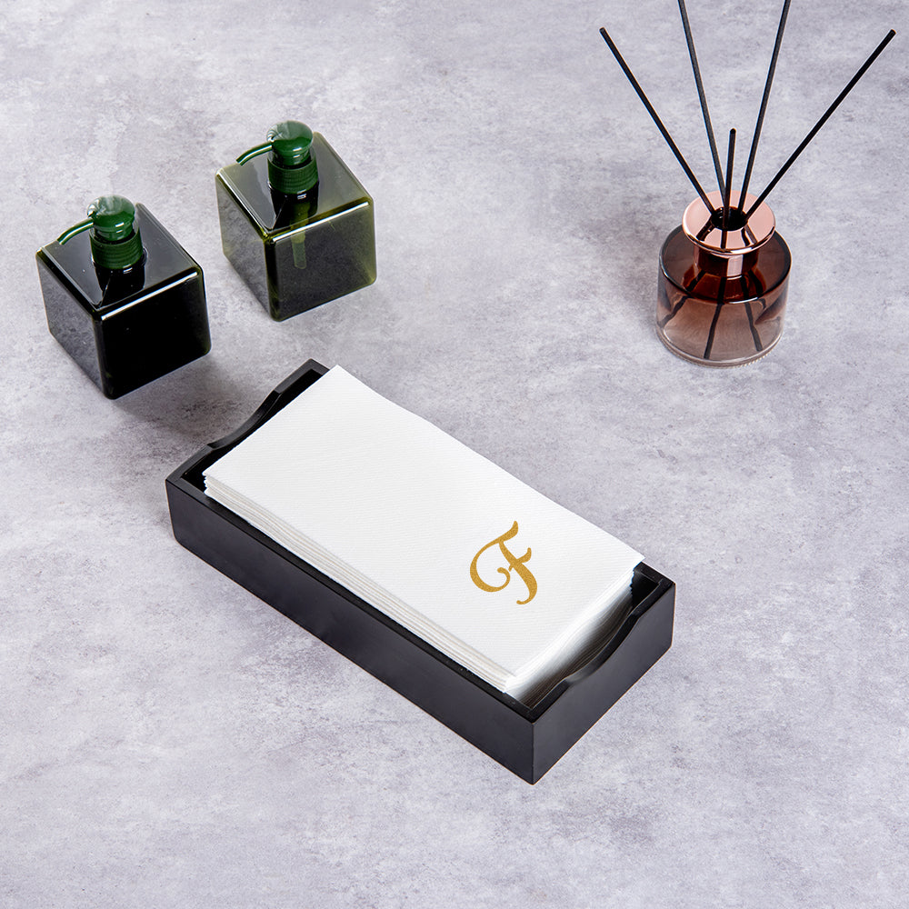 Luxenap Rectangle Gold Letter F White Paper Linen-Feel Guest Towel / Napkin - Air Laid, Cursive Font - 15 3/4" x 8" - 50 count box