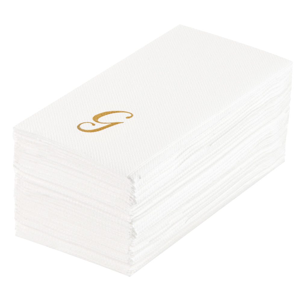 Luxenap Rectangle Gold Letter G White Paper Linen-Feel Guest Towel / Napkin - Air Laid, Cursive Font - 15 3/4" x 8" - 50 count box