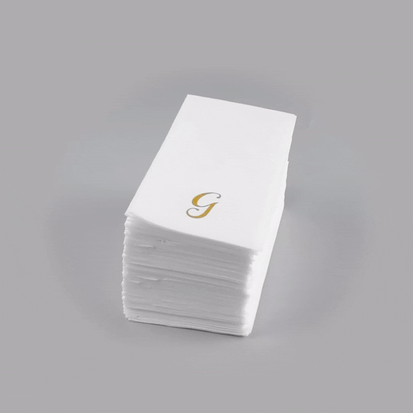 Luxenap Rectangle Gold Letter G White Paper Linen-Feel Guest Towel / Napkin - Air Laid, Cursive Font - 15 3/4" x 8" - 2000 count box