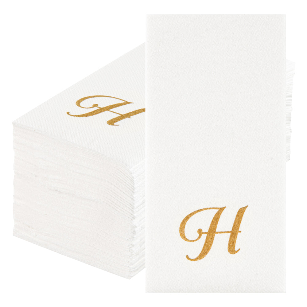 Luxenap Rectangle Gold Letter H White Paper Linen-Feel Guest Towel / Napkin - Air Laid, Cursive Font - 15 3/4" x 8" - 50 count box