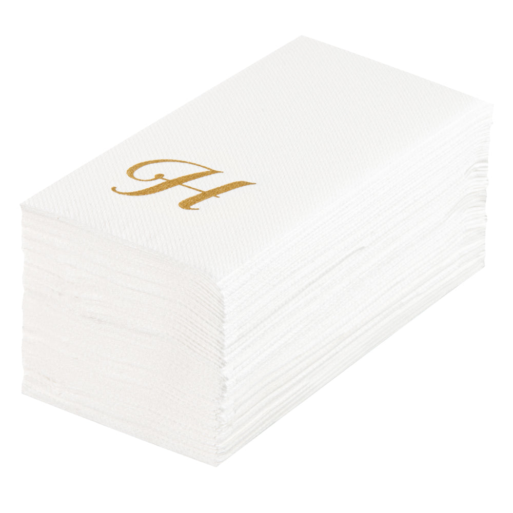Luxenap Rectangle Gold Letter H White Paper Linen-Feel Guest Towel / Napkin - Air Laid, Cursive Font - 15 3/4" x 8" - 50 count box