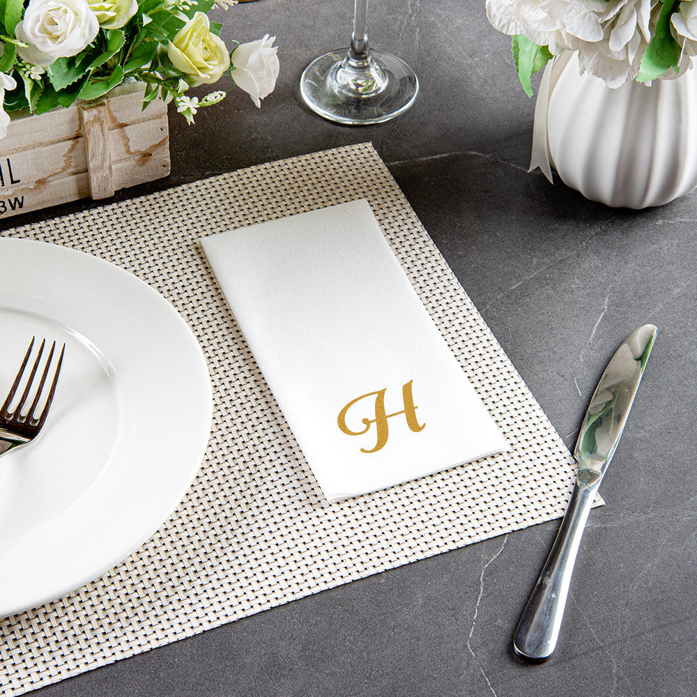 Luxenap Rectangle Gold Letter H White Paper Linen-Feel Guest Towel / Napkin - Air Laid, Cursive Font - 15 3/4" x 8" - 50 count box