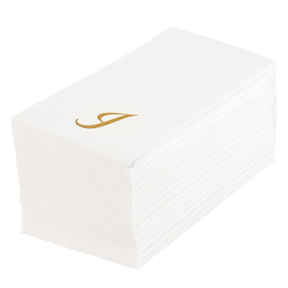 Luxenap Rectangle Gold Letter I White Paper Linen-Feel Guest Towel / Napkin - Air Laid, Cursive Font - 15 3/4" x 8" - 50 count box
