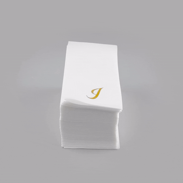 Luxenap Rectangle Gold Letter I White Paper Linen-Feel Guest Towel / Napkin - Air Laid, Cursive Font - 15 3/4" x 8" - 50 count box