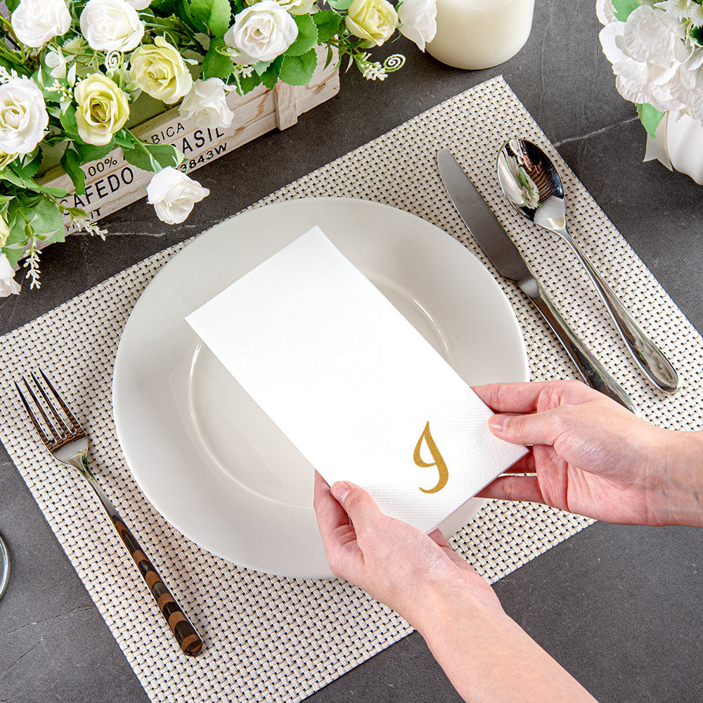 Luxenap Rectangle Gold Letter I White Paper Linen-Feel Guest Towel / Napkin - Air Laid, Cursive Font - 15 3/4" x 8" - 50 count box
