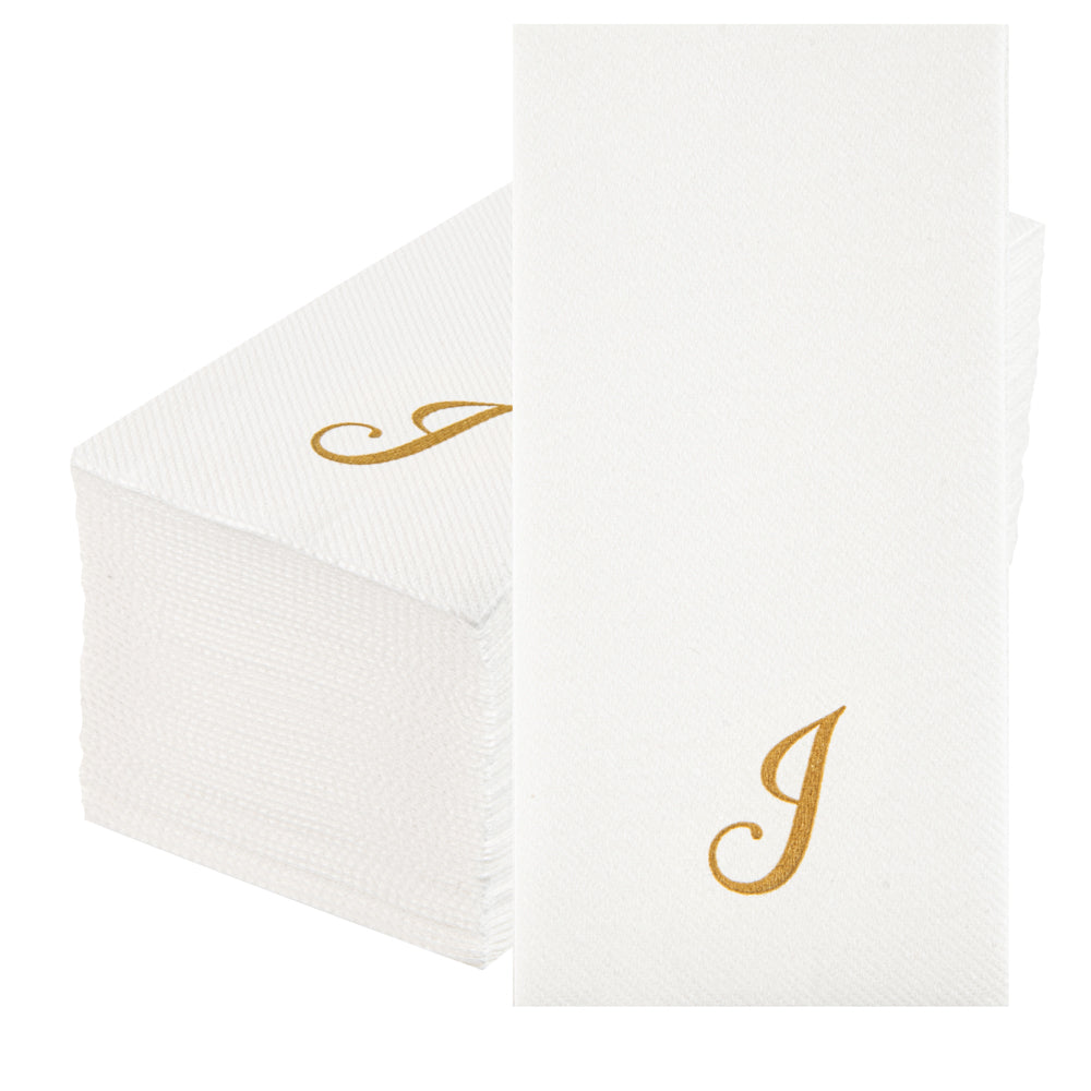 Luxenap Rectangle Gold Letter J White Paper Linen-Feel Guest Towel / Napkin - Air Laid, Cursive Font - 15 3/4" x 8" - 50 count box