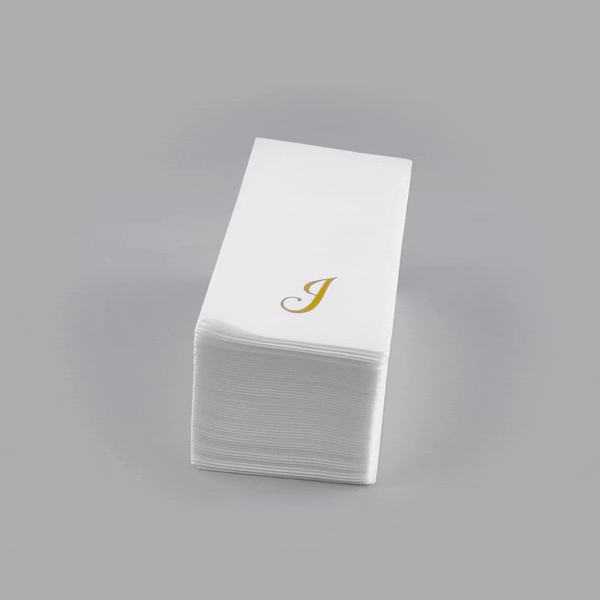 Luxenap Rectangle Gold Letter J White Paper Linen-Feel Guest Towel / Napkin - Air Laid, Cursive Font - 15 3/4" x 8" - 50 count box
