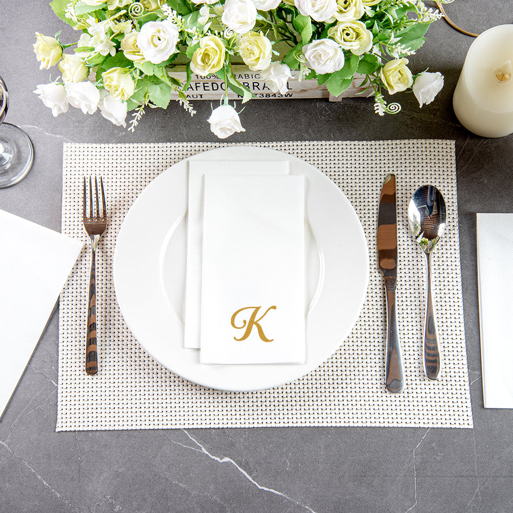 Luxenap Rectangle Gold Letter K White Paper Linen-Feel Guest Towel / Napkin - Air Laid, Cursive Font - 15 3/4" x 8" - 2000 count box