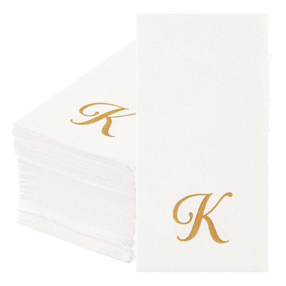 Luxenap Rectangle Gold Letter K White Paper Linen-Feel Guest Towel / Napkin - Air Laid, Cursive Font - 15 3/4" x 8" - 50 count box