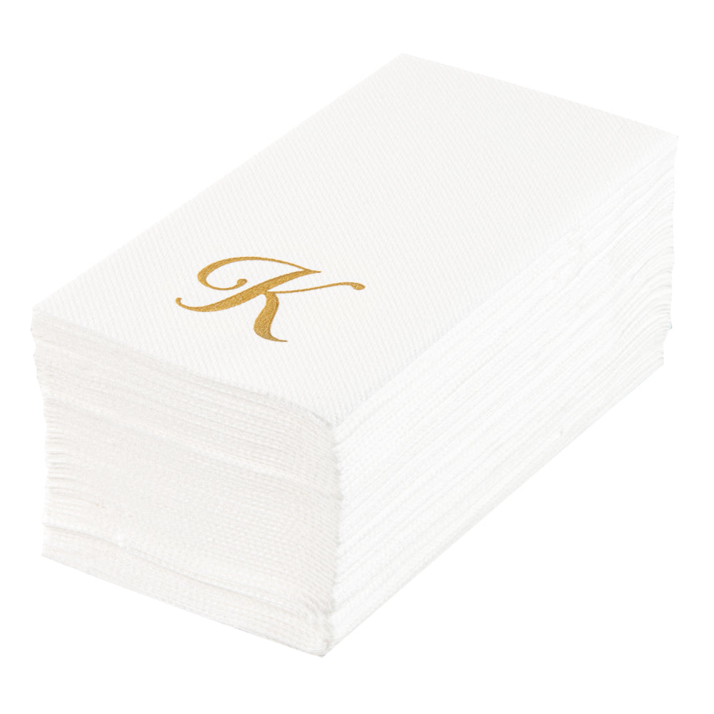 Luxenap Rectangle Gold Letter K White Paper Linen-Feel Guest Towel / Napkin - Air Laid, Cursive Font - 15 3/4" x 8" - 50 count box