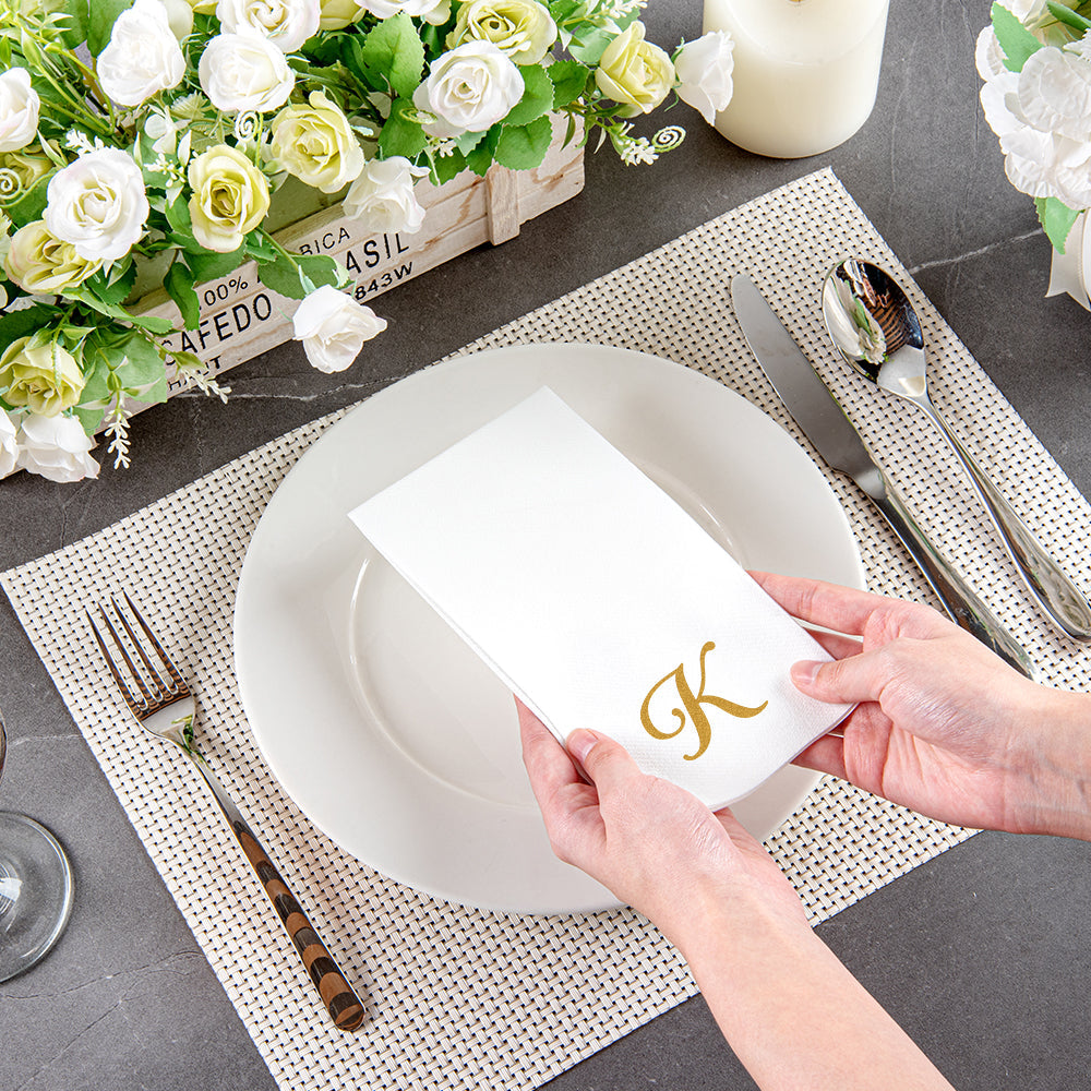 Luxenap Rectangle Gold Letter K White Paper Linen-Feel Guest Towel / Napkin - Air Laid, Cursive Font - 15 3/4" x 8" - 2000 count box