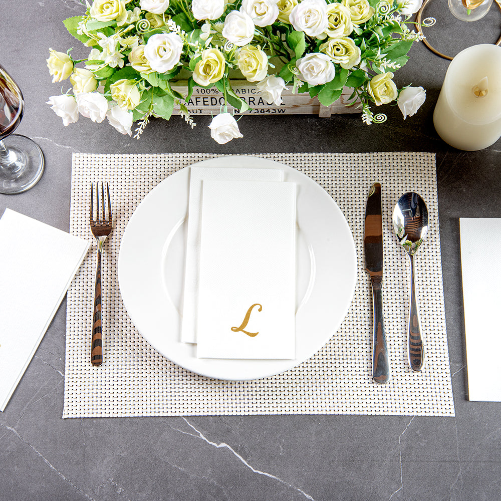 Luxenap Rectangle Gold Letter L White Paper Linen-Feel Guest Towel / Napkin - Air Laid, Cursive Font - 15 3/4" x 8" - 2000 count box