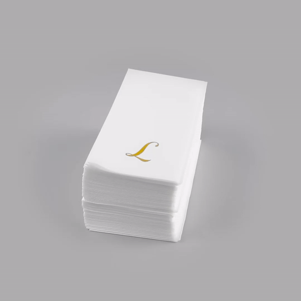 Luxenap Rectangle Gold Letter L White Paper Linen-Feel Guest Towel / Napkin - Air Laid, Cursive Font - 15 3/4" x 8" - 50 count box