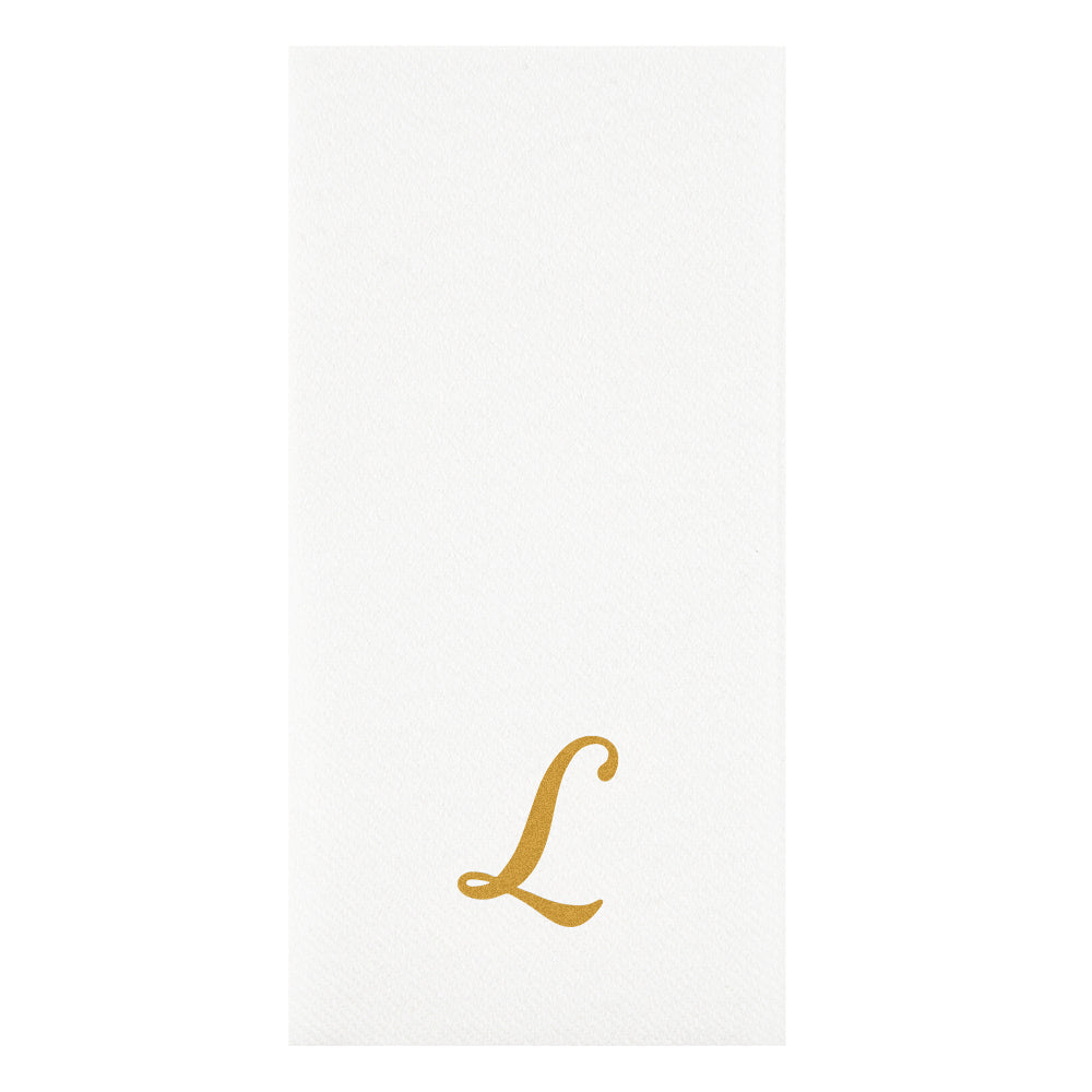 Luxenap Rectangle Gold Letter L White Paper Linen-Feel Guest Towel / Napkin - Air Laid, Cursive Font - 15 3/4" x 8" - 50 count box