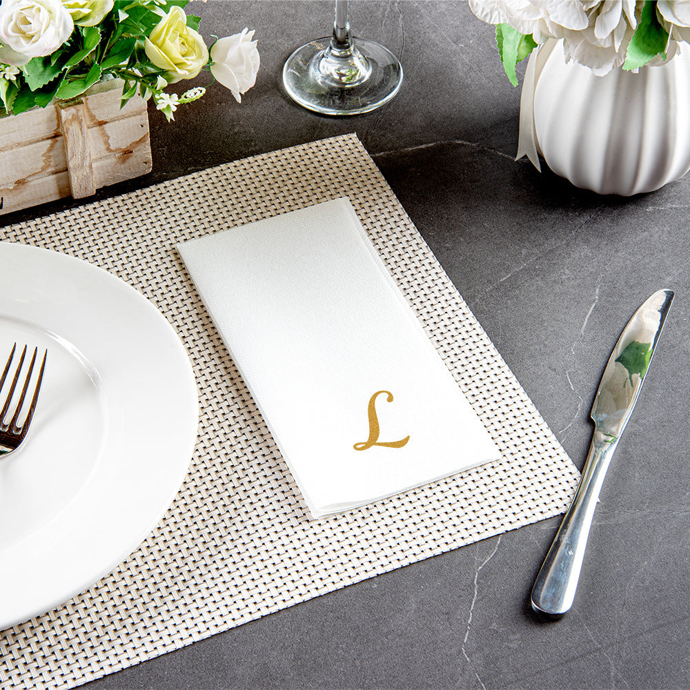 Luxenap Rectangle Gold Letter L White Paper Linen-Feel Guest Towel / Napkin - Air Laid, Cursive Font - 15 3/4" x 8" - 2000 count box