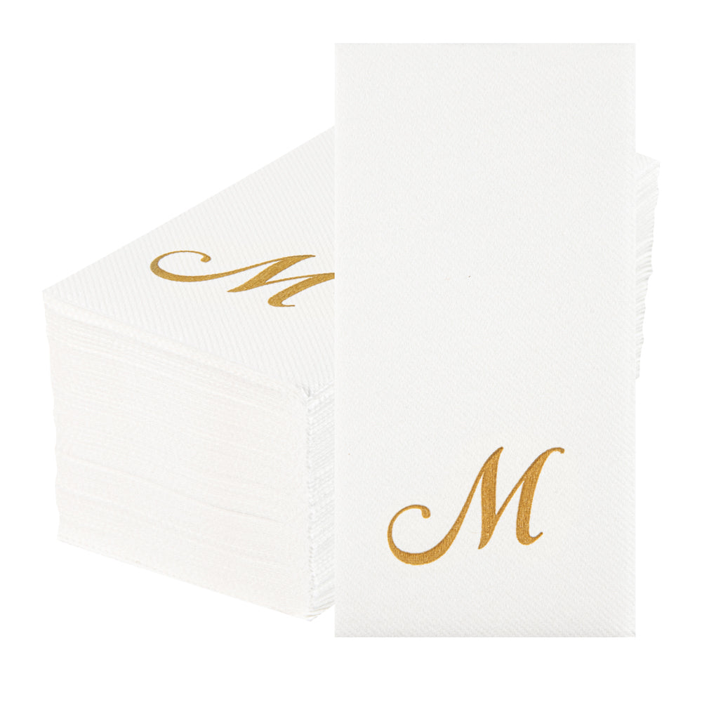 Luxenap Rectangle Gold Letter M White Paper Linen-Feel Guest Towel / Napkin - Air Laid, Cursive Font - 15 3/4" x 8" - 2000 count box