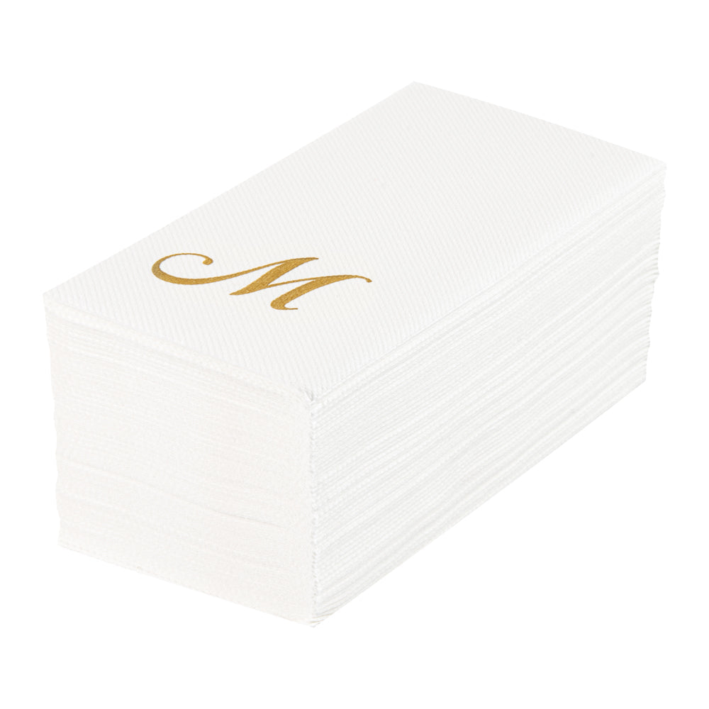 Luxenap Rectangle Gold Letter M White Paper Linen-Feel Guest Towel / Napkin - Air Laid, Cursive Font - 15 3/4" x 8" - 2000 count box