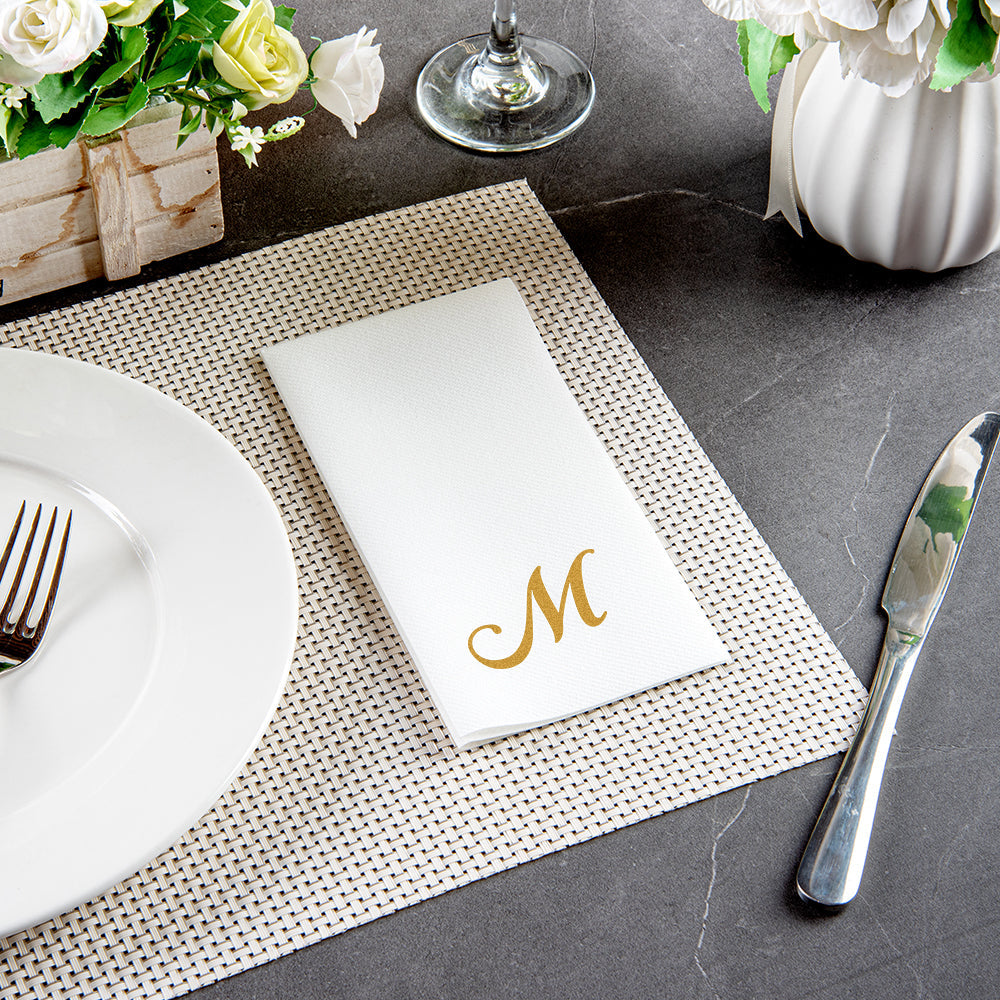 Luxenap Rectangle Gold Letter M White Paper Linen-Feel Guest Towel / Napkin - Air Laid, Cursive Font - 15 3/4" x 8" - 50 count box