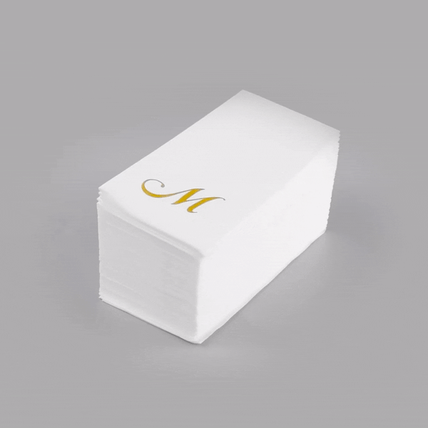 Luxenap Rectangle Gold Letter M White Paper Linen-Feel Guest Towel / Napkin - Air Laid, Cursive Font - 15 3/4" x 8" - 2000 count box