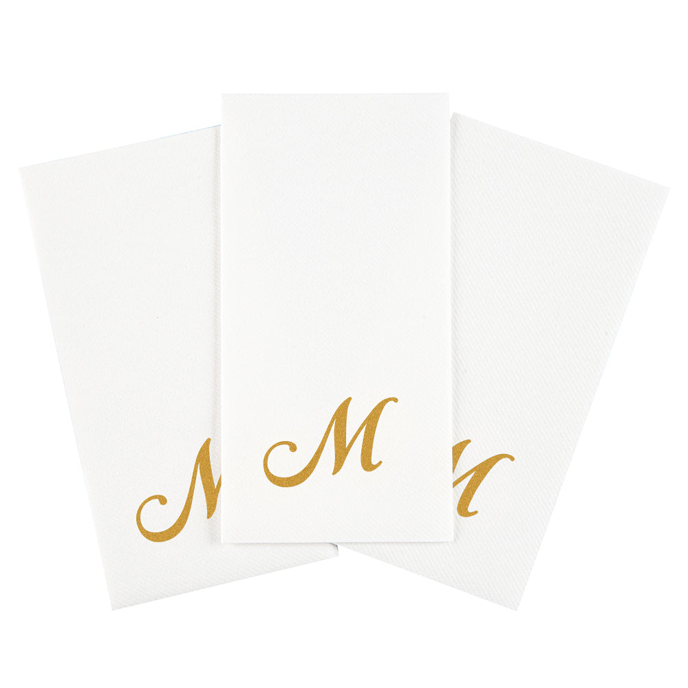 Luxenap Rectangle Gold Letter M White Paper Linen-Feel Guest Towel / Napkin - Air Laid, Cursive Font - 15 3/4" x 8" - 2000 count box