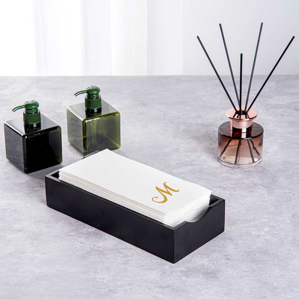 Luxenap Rectangle Gold Letter M White Paper Linen-Feel Guest Towel / Napkin - Air Laid, Cursive Font - 15 3/4" x 8" - 2000 count box
