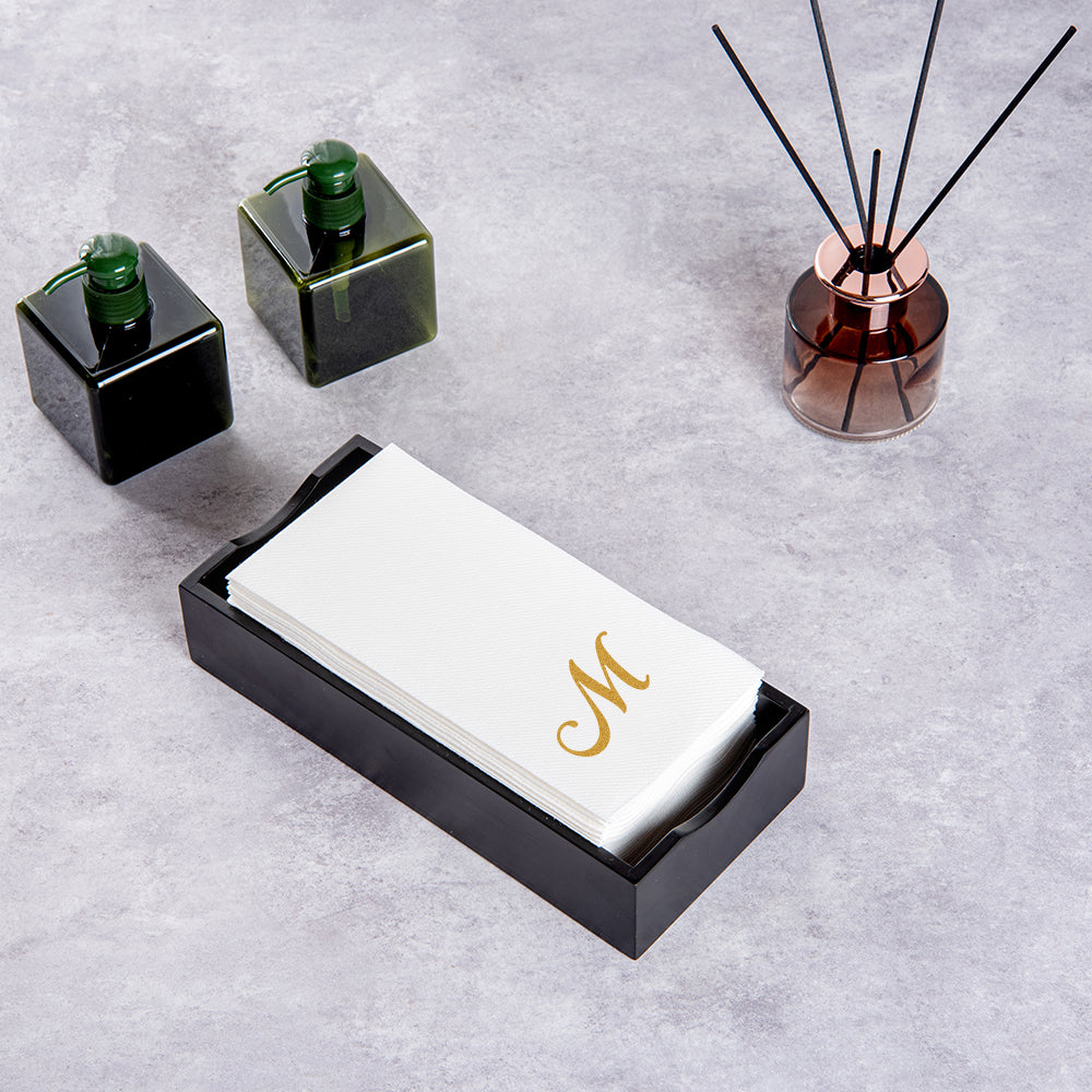 Luxenap Rectangle Gold Letter M White Paper Linen-Feel Guest Towel / Napkin - Air Laid, Cursive Font - 15 3/4" x 8" - 2000 count box