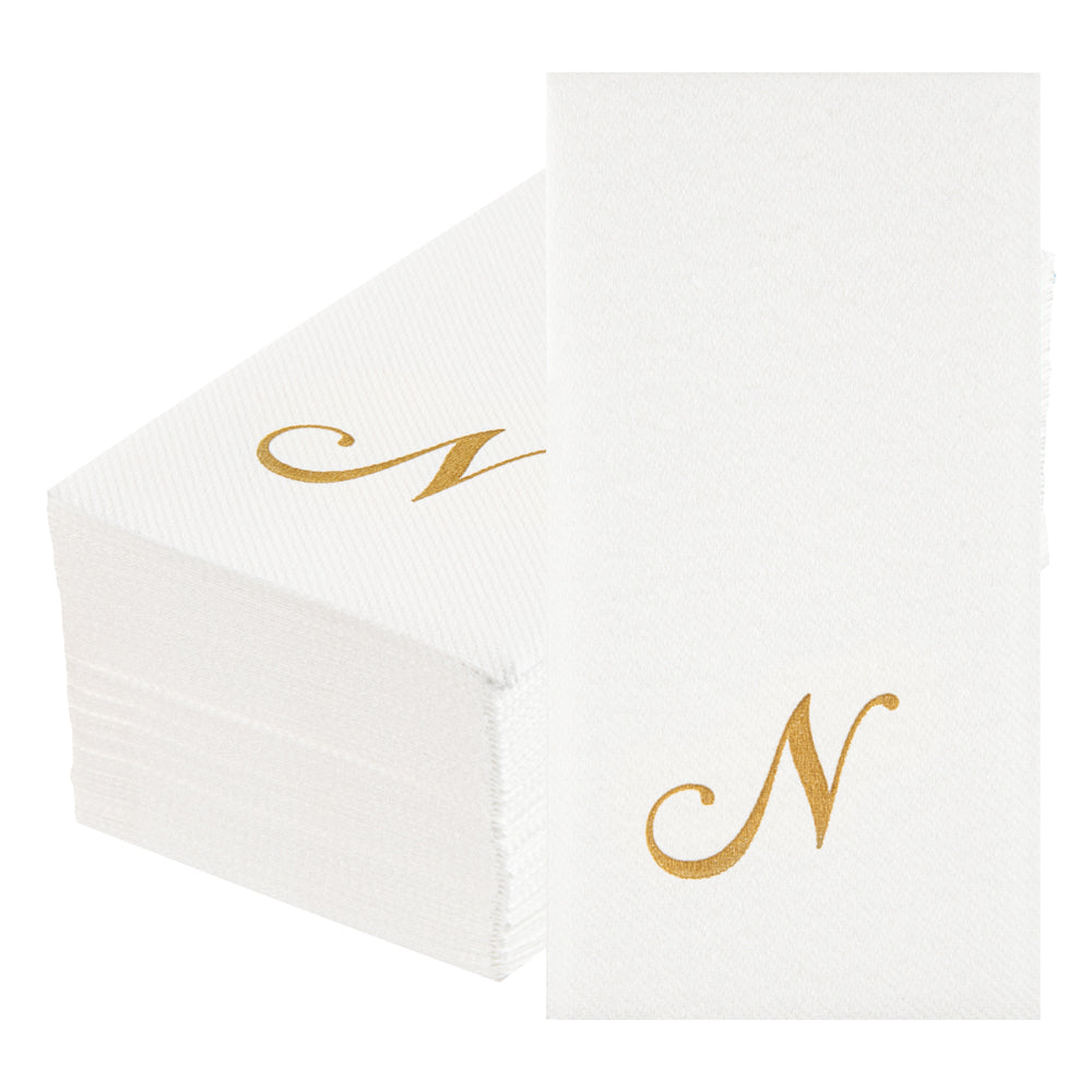 Luxenap Rectangle Gold Letter N White Paper Linen-Feel Guest Towel / Napkin - Air Laid, Cursive Font - 15 3/4" x 8" - 50 count box