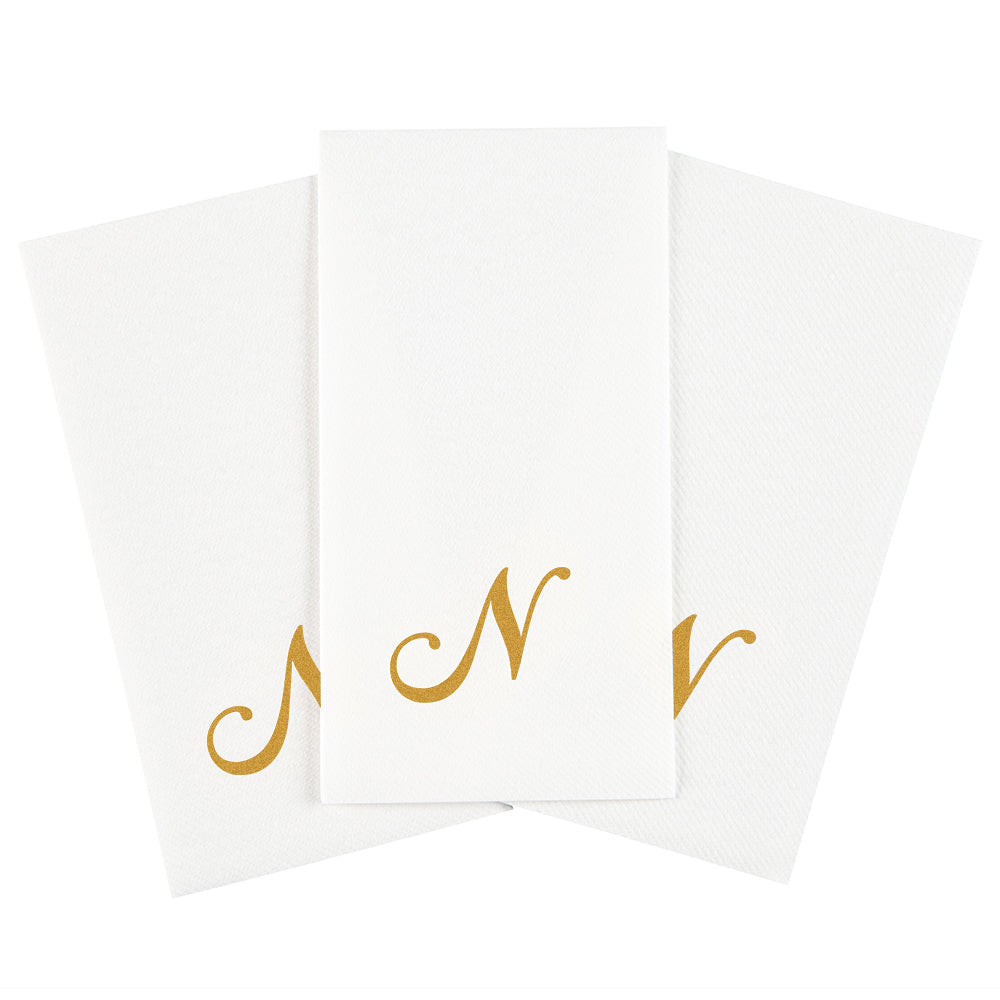 Luxenap Rectangle Gold Letter N White Paper Linen-Feel Guest Towel / Napkin - Air Laid, Cursive Font - 15 3/4" x 8" - 50 count box
