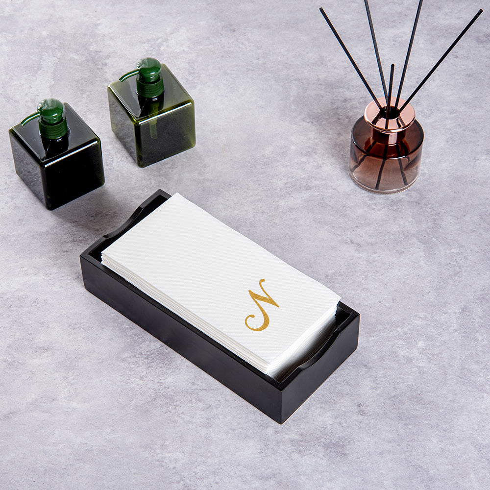 Luxenap Rectangle Gold Letter N White Paper Linen-Feel Guest Towel / Napkin - Air Laid, Cursive Font - 15 3/4" x 8" - 50 count box