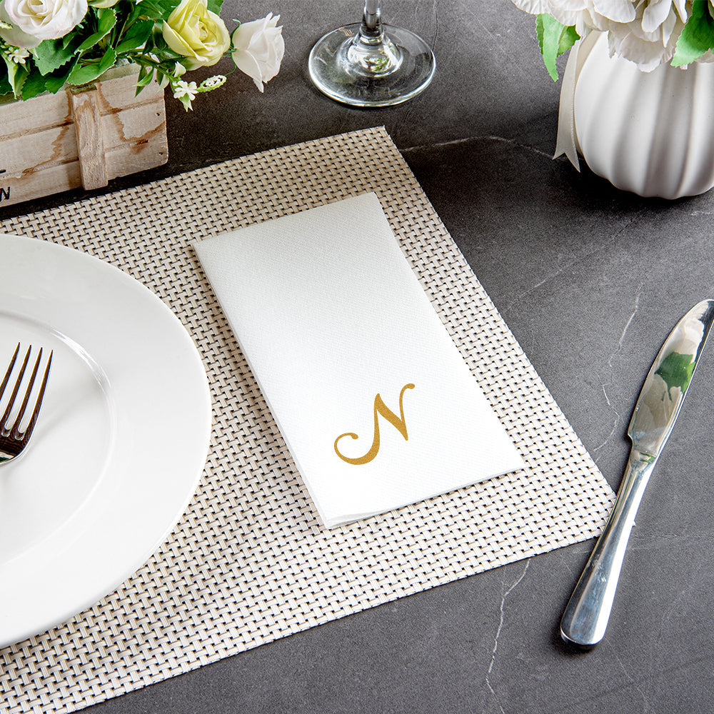 Luxenap Rectangle Gold Letter N White Paper Linen-Feel Guest Towel / Napkin - Air Laid, Cursive Font - 15 3/4" x 8" - 2000 count box