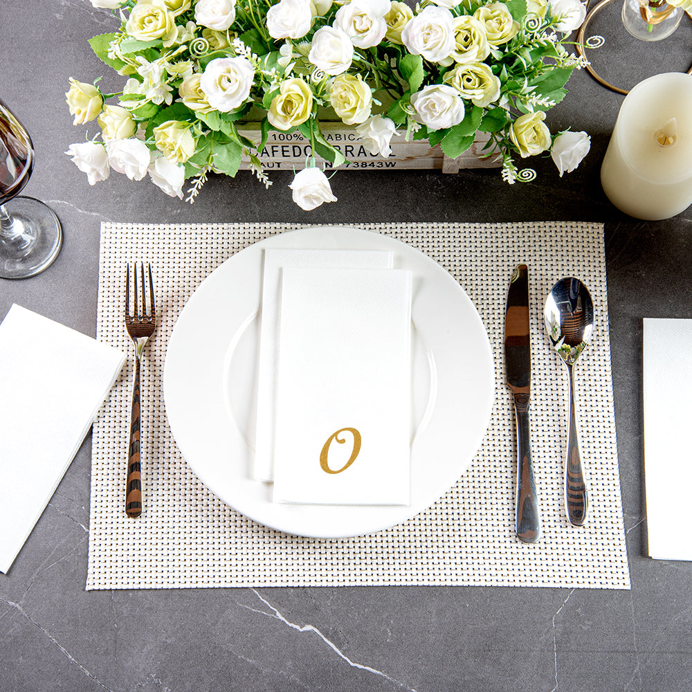 Luxenap Rectangle Gold Letter O White Paper Linen-Feel Guest Towel / Napkin - Air Laid, Cursive Font - 15 3/4" x 8" - 2000 count box